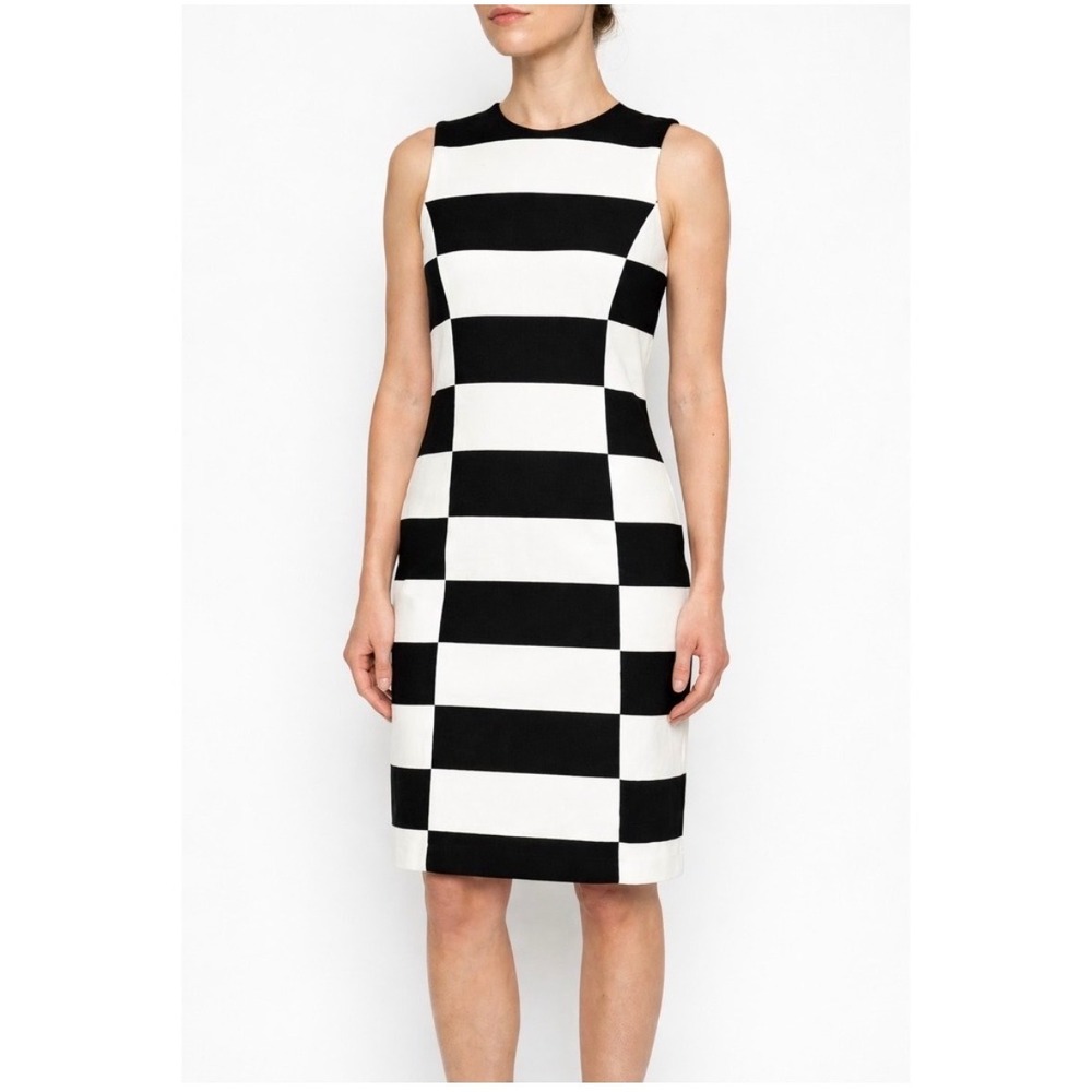 J.McLaughlin Sheath Dress Women S Black White Striped Sleeveless Geometric Mod